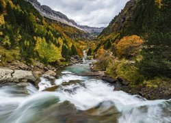 Rzeka, Arazas River, Drzewa, Kamienie, Góry, Pireneje, Jesień, Prowincja Huesca, Hiszpania