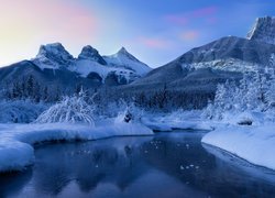 Kanada, Alberta, Góry, Canadian Rockies, Góra Three Sisters, Rzeka, Bow River, Drzewa, Chmury, Zima