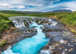 Islandia, Wodospad, Bruarfoss, Rzeka, Bruara, Skały, Lasy