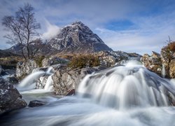 Szkocja, Region Highland, Dolina Glen Coe, Rzeka Coupall, Szczyt Buachaille Etive Mor, Góry, Skały, Drzewa, Rośliny