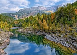 Stany Zjednoczone, Stan Montana, Park Narodowy Glacier, Góry, Rzeka, Flathead River, Las, Drzewa, Jesień, Chmury