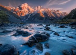 Rzeka, Hooker River, Dolina, Hooker Valley, Góry, Park Narodowy Góry Cooka, Nowa Zelandia