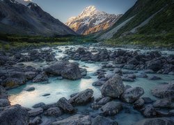 Nowa Zelandia, Rzeka, Hooker River, Park Narodowy Góry Cooka, Góra Cooka, Mount Cook, Góry, Kamienie