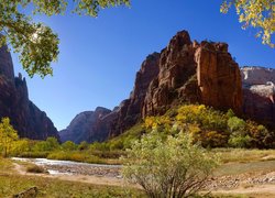 Park Narodowy Zion, Stan Utah, Stany Zjednoczone, Rzeka, Góry, Skały, Drzewa