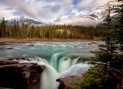 Park Narodowy Jasper, Góry, Drzewa, Rzeka Athabasca, Wodospad Athabasca Falls, Skały, Kanada