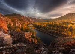 Jesień, Góry, Skały, Rzeka Jenisej, Drzewa, Syberia, Republika Chakasja, Rosja