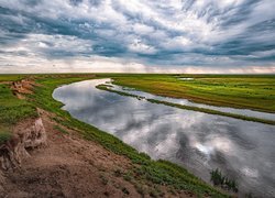 Rzeka Kerulen, Łąki, Niebo, Chmury, Mongolia