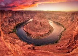 Park Narodowy Glen Canyon, Kanion, Skały, Rzeka, Kolorado River, Zakole, Horseshoe Bend, Zachód słońca, Arizona, Stany Zjednoczone