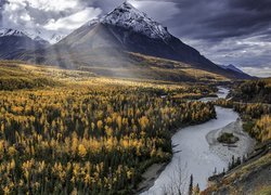 Jesień, Góry, Rzeka, Matanuska River, Żółte, Drzewa, Modrzew, Alaska, Stany Zjednoczone