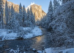 Park Narodowy Yosemite, Rzeka, Merced River, Góry, Góra, Half Dome, Drzewa, Zima, Kalifornia, Stany Zjednoczone