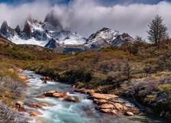 Góry Andy, Szczyt Fitz Roy, Rzeka, Kamienie, Drzewa, Roślinność, Chmury, Patagonia, Argentyna