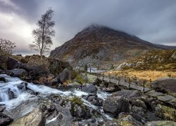 Walia, Park Narodowy Snowdonia, Góry, Dolina Ogwen, Rzeka Ogwen, Skały, Kamienie, Mostek, Drzewo, Mgła