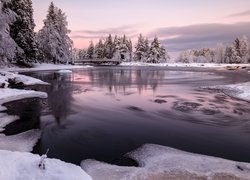 Zima, Ośnieżone, Drzewa, Most, Rzeka Oulujoki, Oulu, Finlandia