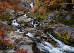 Argentyna, Park Narodowy Los Glaciares, Patagonia, Rzeka, Kaskada, Skały, Jesień, Roślinność