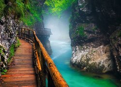 Słowenia, Wąwóz, Vintgar Gorge, Rzeka Radovna, Skały, Pomost