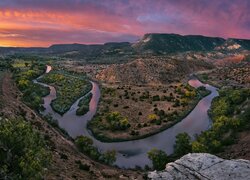 Stany Zjednoczone, Nowy Meksyk, Góry, Rzeka, Rio Chama, Drzewa, Zachód słońca