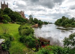 Dom, Ogródek, Wieża, Uniwersytetu, Rzeka Severn, Worcester, Anglia