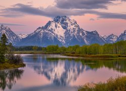 Poranek, Góry, Teton Range, Rzeka, Snake River, Drzewa, Park Narodowy Grand Teton, Stan Wyoming, Stany Zjednoczone