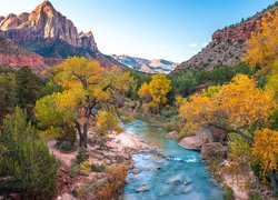 Stany Zjednoczone, Stan Utah, Park Narodowy Zion, Góry Watchman, Rzeka, Virgin River, Kamienie, Drzewa