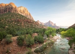 Stany Zjednoczone, Stan Utah, Park Narodowy Zion, Góra Watchman, Góry, Rzeka Virgin River, Drzewa