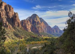 Góry, Skały, Rzeka, Virgin River, Drzewa, Park Narodowy Zion, Utah, Stany Zjednoczone