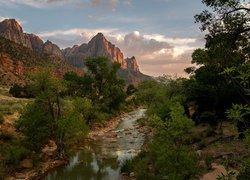 Park Narodowy Zion, Góry Watchman, Rzeka Virgin River, Stan Utah, Stany Zjednoczone, Drzewa