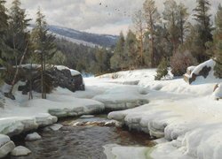 Rzeka zasypana śniegiem na obrazie Pedera Mork Monsteda