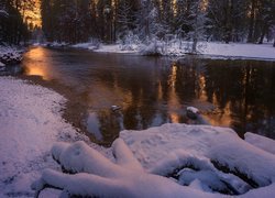 Zima, Rzeka, Śnieg, Las, Drzewa