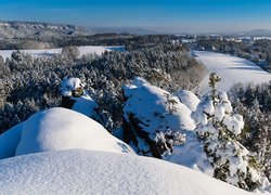 Zima, Droga, Domy, Wzgórza, Drzewa, Śnieg, Góry Połabskie, Saksońska Szwajcaria, Niemcy