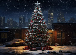 Boże Narodzenie, Choinka, Bombki, Prezenty, Samochód, Domy, Noc, Śnieg