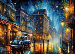 Samochód na ulicy nocnego miasta w kolorowej grafice