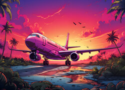 Samolot, Palmy, Tropiki, Wyspa, Kolorowe, Niebo, Grafika