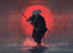 Paintography, Digital art, Samuraj, Kij bo, Zachód słońca