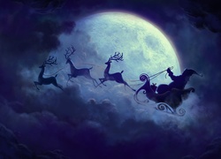 Mikołaj, Sanie, Renifery, Księżyc, Noc