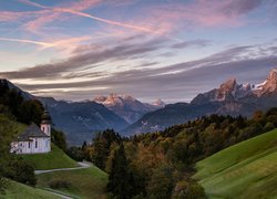 Niemcy, Bawaria, Berchtesgaden, Kościół, Sanktuarium Maria Gern, Góry, Alpy Salzburskie, Drzewa, Lasy, Droga