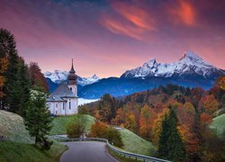 Niemcy, Bawaria, Berchtesgaden, Kościół, Sanktuarium Maria Gern, Góry, Alpy Salzburskie, Droga, Drzewa