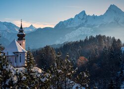 Drzewa, Góry, Alpy Salzburskie, Kościół, Zima, Sanktuarium Maria Gern, Berchtesgaden, Bawaria, Niemcy