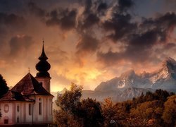 Kościół, Sanktuarium Maria Gern, Berchtesgaden, Bawaria, Niemcy, Góry, Alpy Salzburskie, Drzewa