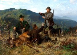 Malarstwo, Obraz, Carl Friedrich Deiker, Polowanie, Mężczyźni, Jeleń, Psy, Góry