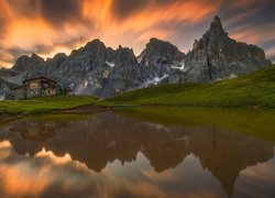 Włochy, Góry, Dolomity, Szczyt, Cimon della Pala, Jezioro, Dom, Schronisko Baita Segantini, Odbicie