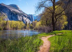 Park Narodowy Yosemite, Góry, Drzewa, Ścieżka, Trawa, Wiosna, Rzeka Merced River, Kalifornia, Stany Zjednoczone