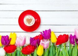 Kwiaty, Kolorowe, Tulipany, Filiżanka, Kawa, Serce, Spodek, Białe, Deski