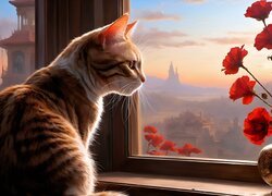 Siedzący kot i czerwone kwiaty przy oknie