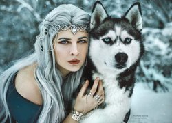 Kobieta, Długie, Siwe, Włosy, Biżuteria, Pies, Siberian husky, Śnieg