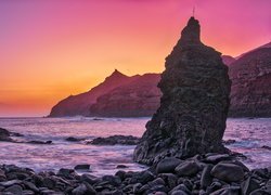 Wschód słońca, Morze, Wybrzeże, Skały, Kamienie, Playa de Caleta, La Gomera, Wyspy Kanaryjskie, Hiszpania