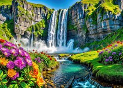 Skalny wodospad i rzeka wśród kolorowych kwiatów