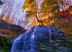 Skalny wodospad w jesiennym lesie