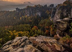 Jesień, Góry, Skały, Bastei, Drzewa, Park Narodowy Saskiej Szwajcarii, Niemcy