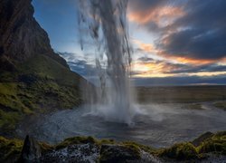 Islandia, Wodospad Seljalandsfoss, Skała, Chmury