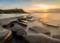 Zachód słońca, Morze, Skały, Zatoka Kimmeridge, Dorset, Anglia